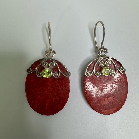 Coral and Peridot Sterling Silver Earrings Oval 925 Scrolled Hook Wires Bohemian - Picture 8 of 13